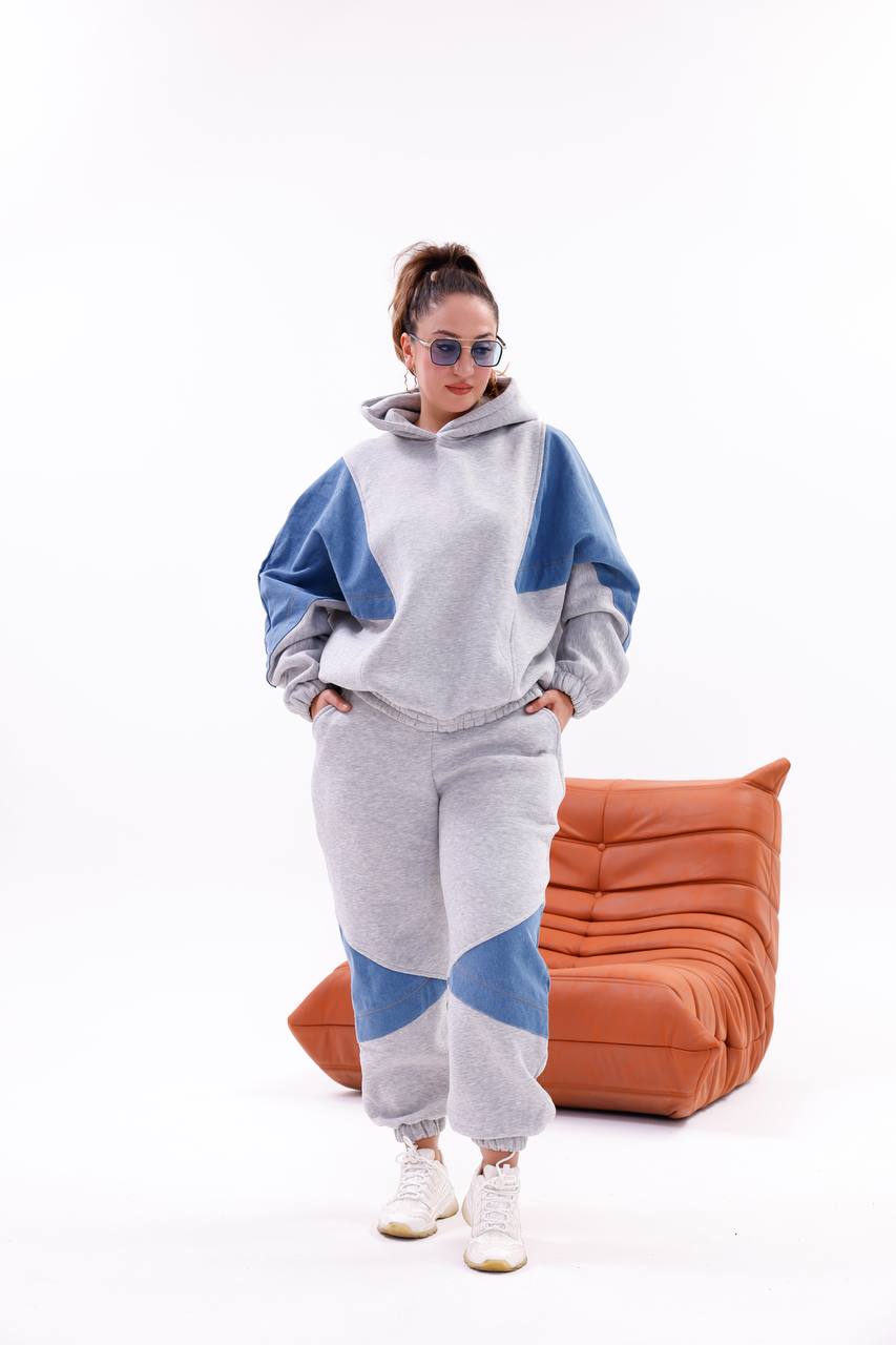 Tasarım Kapşonlu Oversize Jean Detaylı Sweatshırt Eşofman Takım