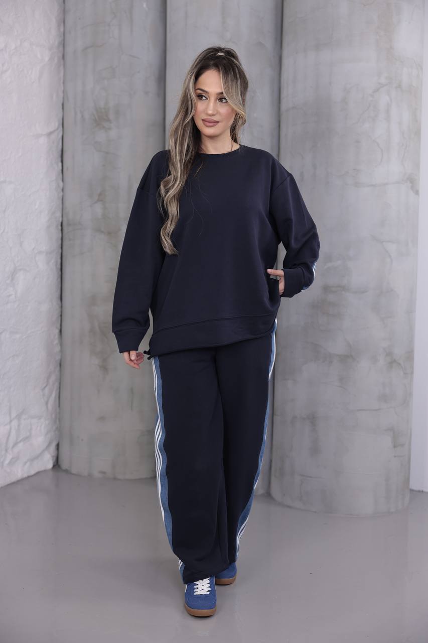 %100 Pamuklu 3 İplik Kot Detaylı Oversize Pamuk Eşofman Takımı - Lacivert