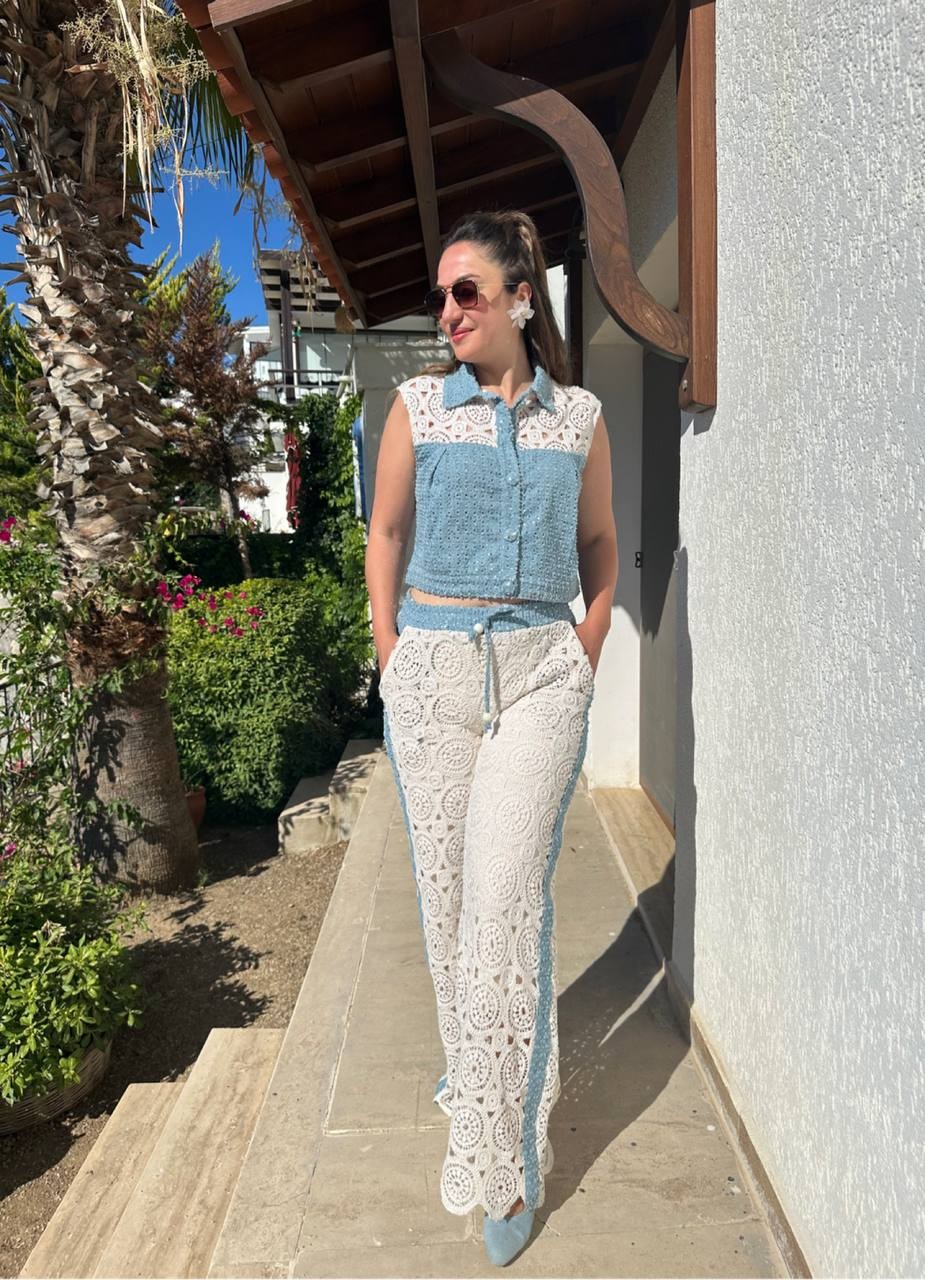 TASARIM Soft Payetli Jean Pamuk Dantelli Pantolon