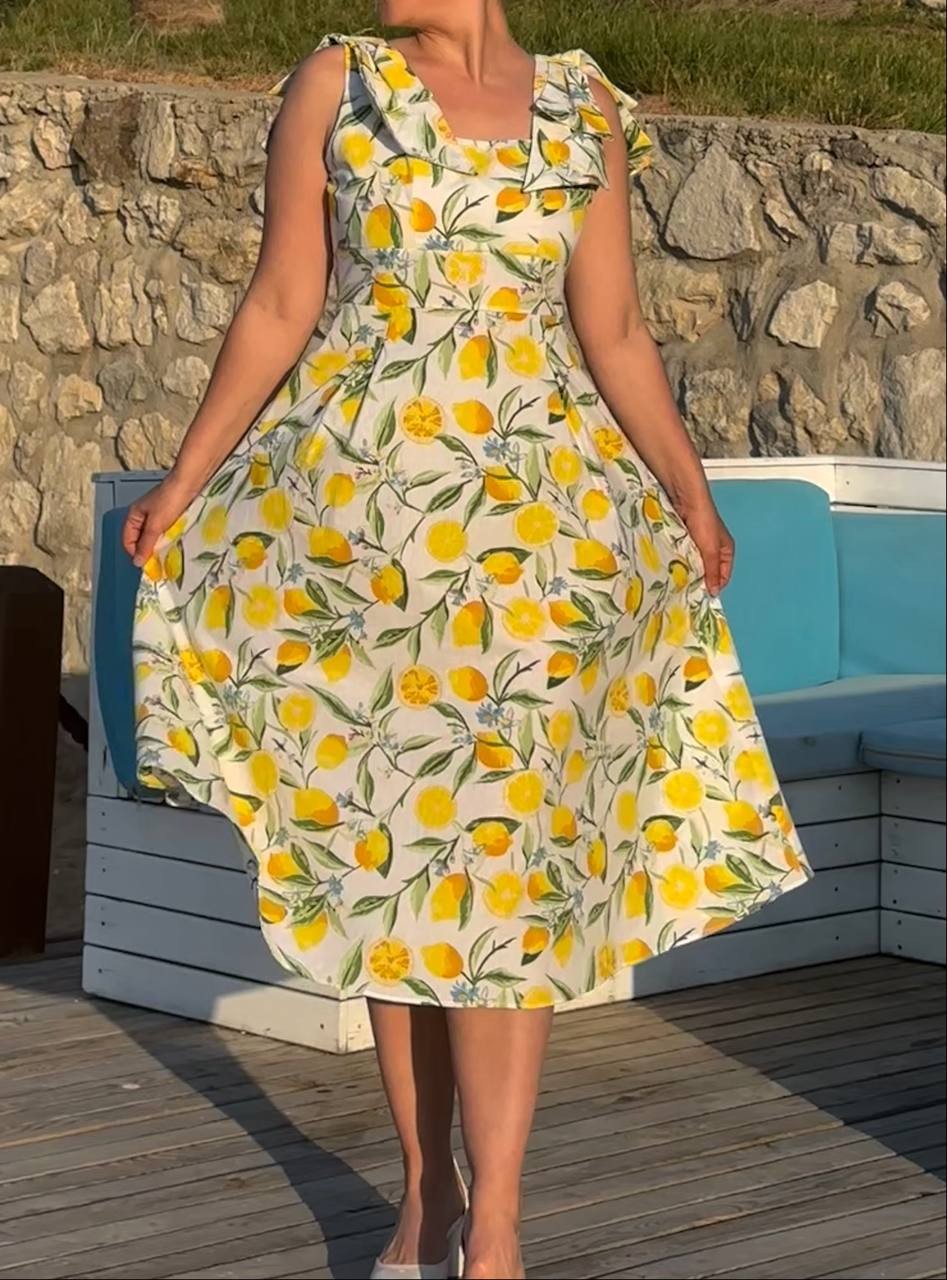 Limon Desenli Fiyonklu Elbise