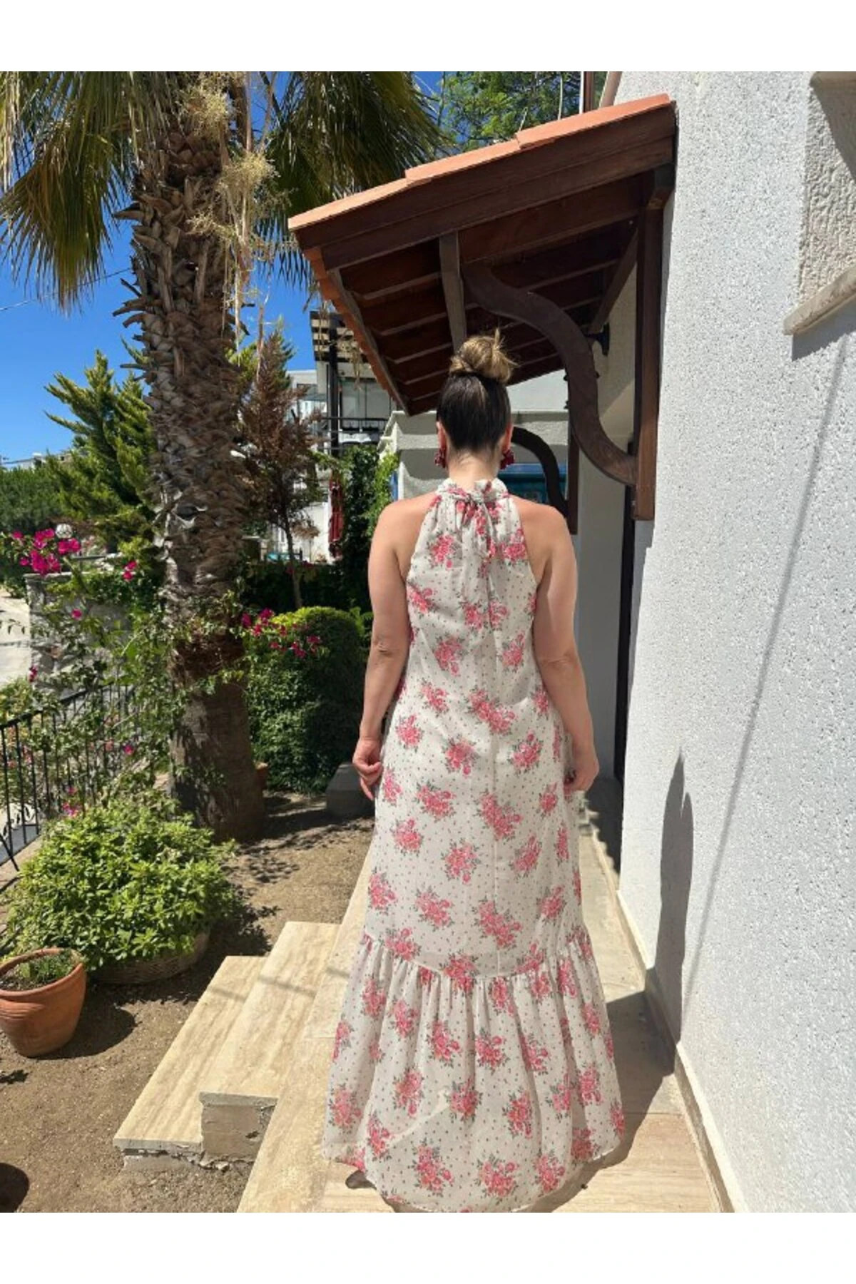 İthal Şifon Astarlı Uzun Boyundan Bağlamalı Elbise