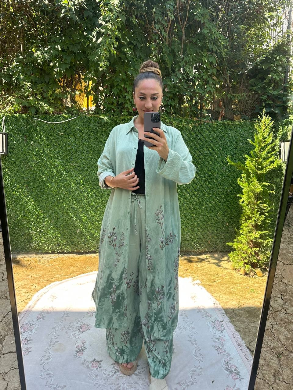 Etek Çıtır Çiçek Desenli Tunic Pantolon İkili Takım - Yeşil