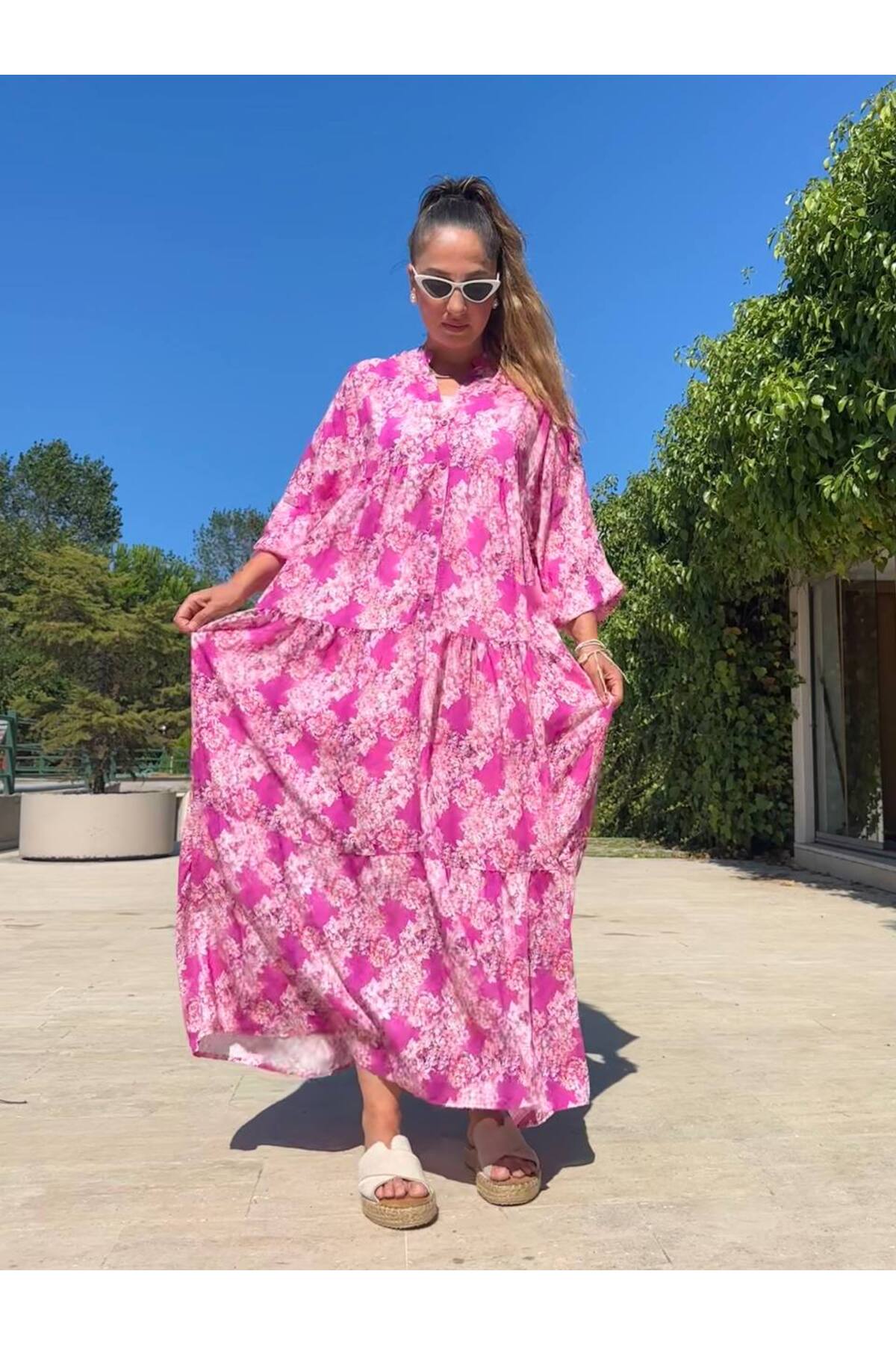 Çiçek Desenli Salaş Uzun Balon Kol Elbise