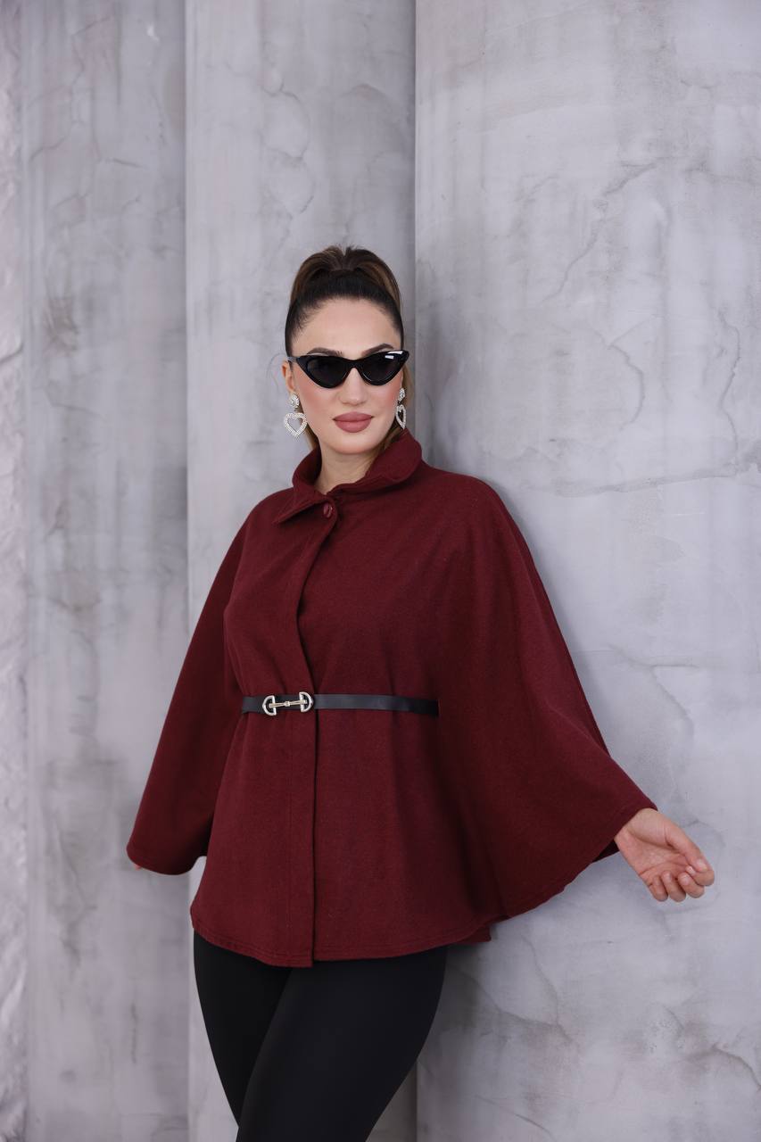Premium Kaşe Kemerli Panço  - Bordo