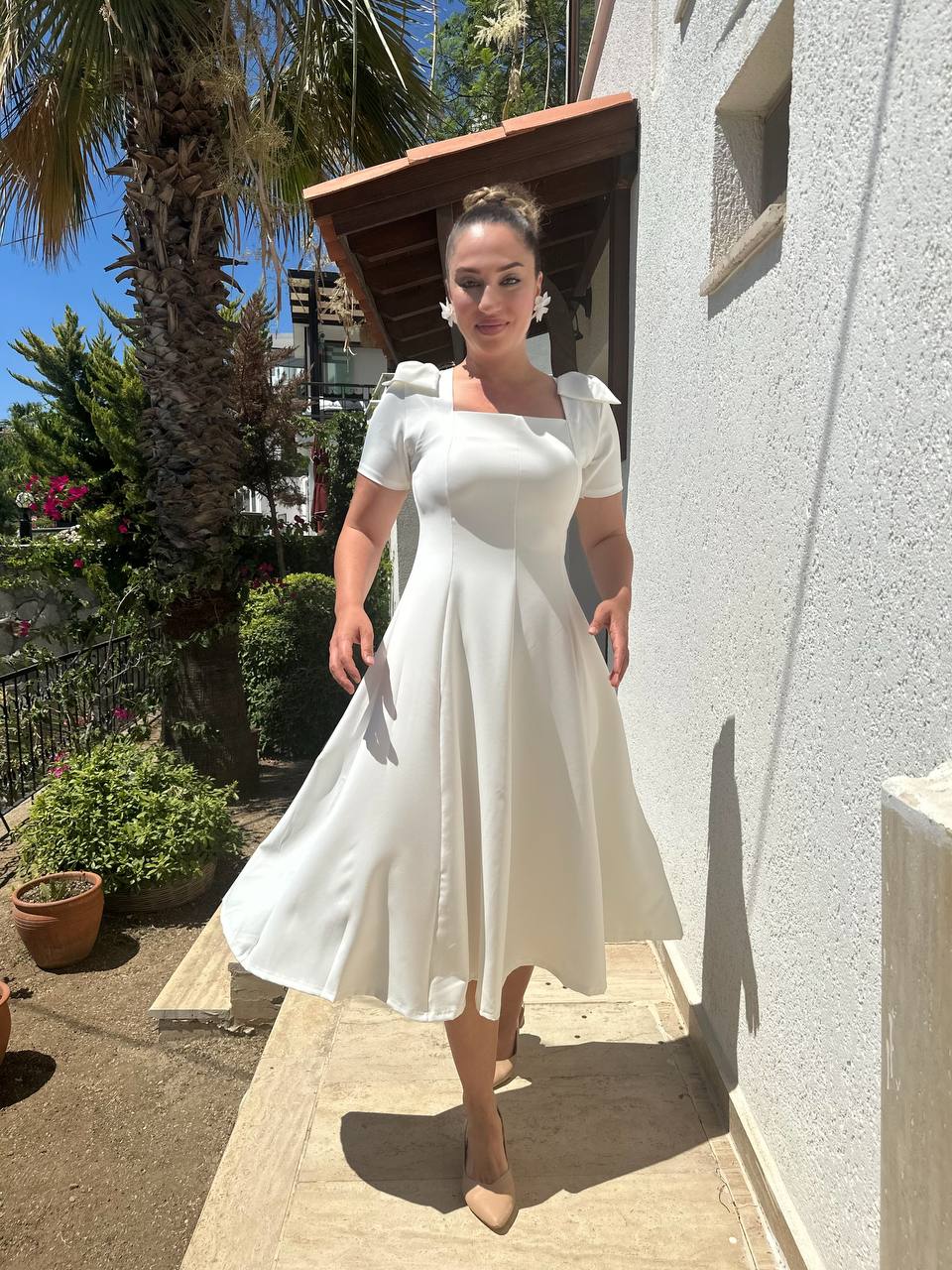 Fiyonk Kollu Anvelop Kesim Dokuma Elbise - Beyaz