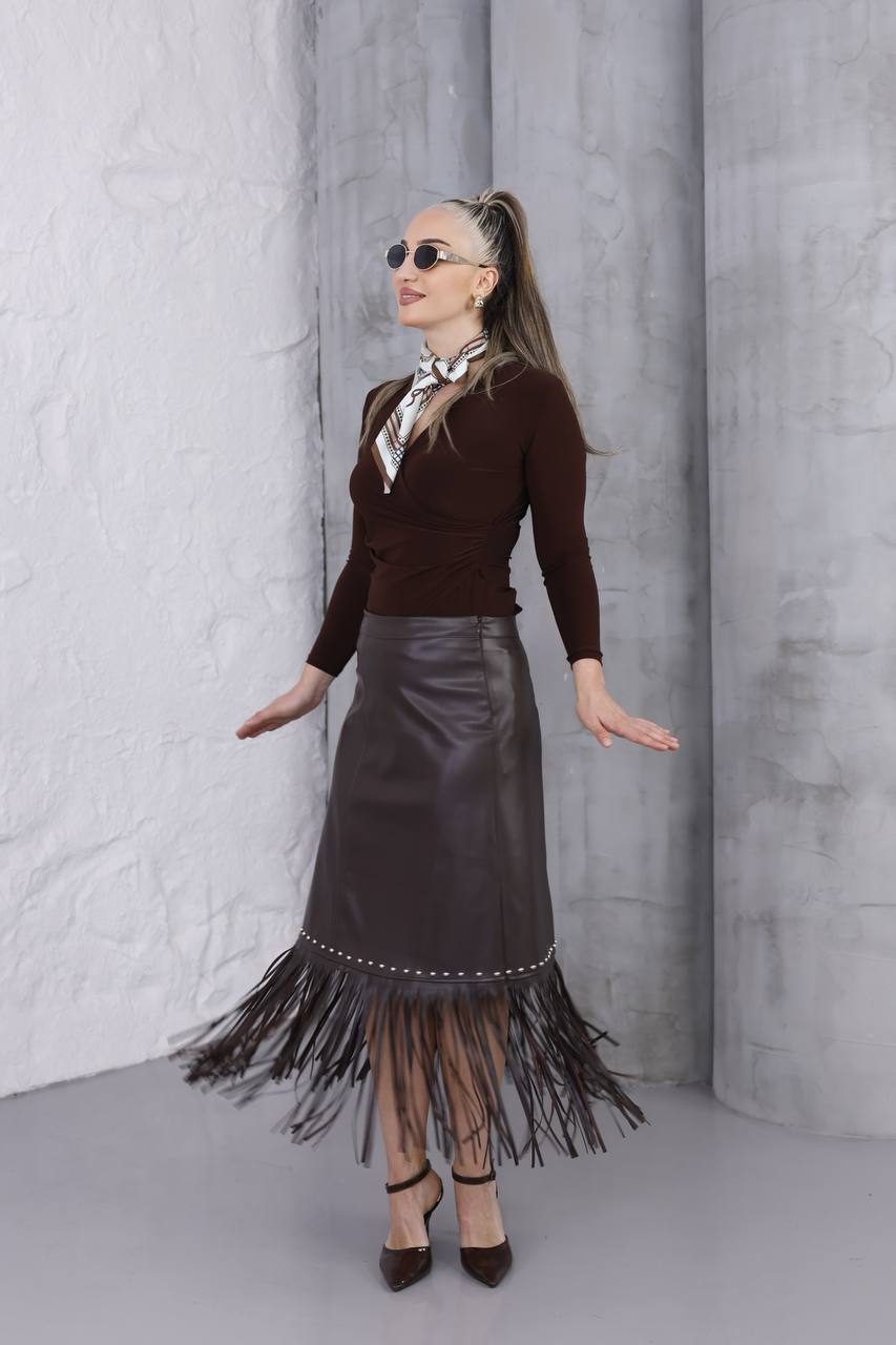 Püsküllü Deri Uzun Etek  - Kahve