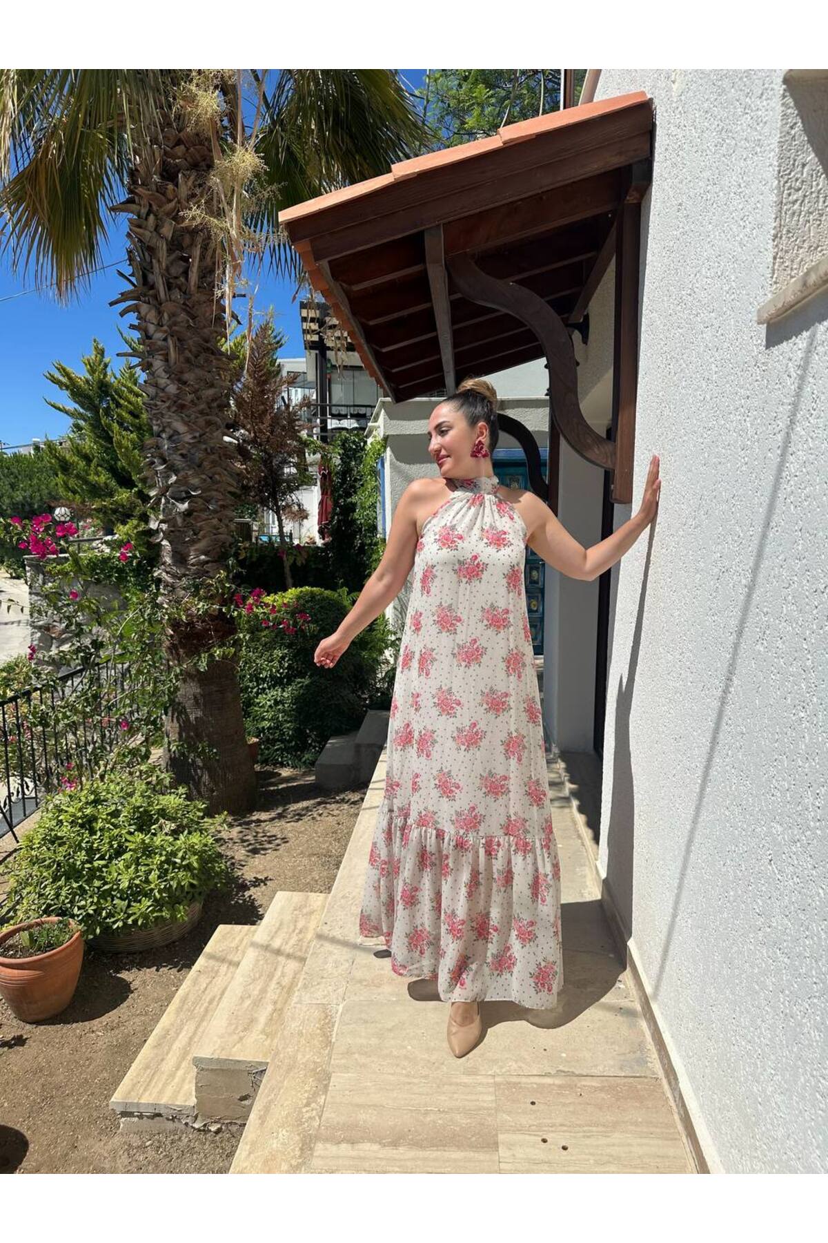 İthal Şifon Astarlı Uzun Boyundan Bağlamalı Elbise