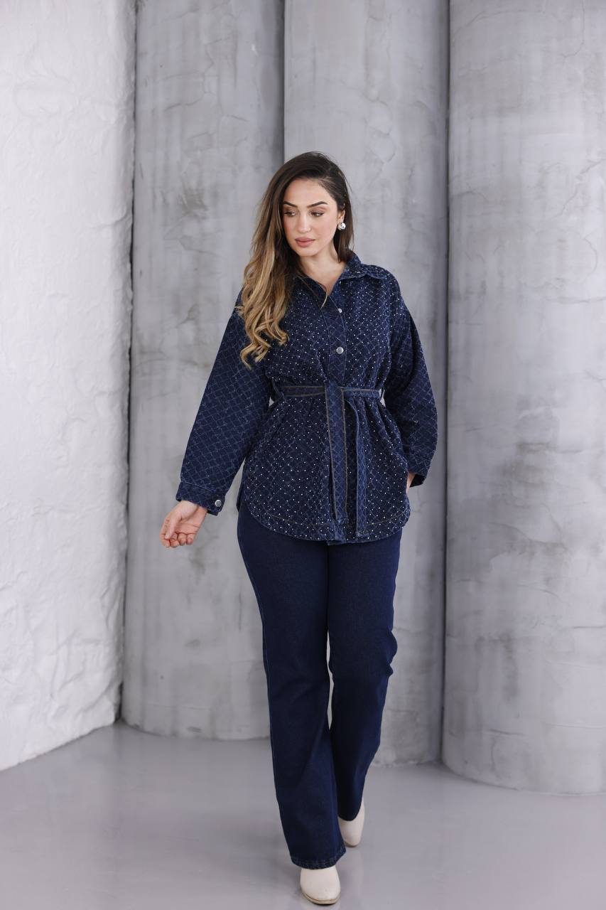 Genç Büyük Beden Swarovski Taşlı Premium Jean Tunik Takım