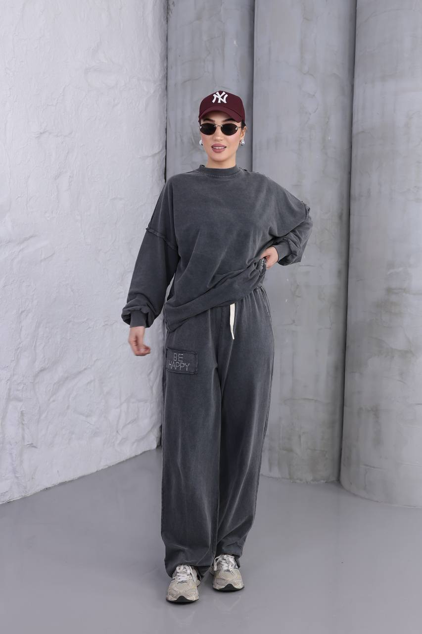 Yıkamalı Taşlı Oversize Salaş Eşofman Takımı  - Antrasit