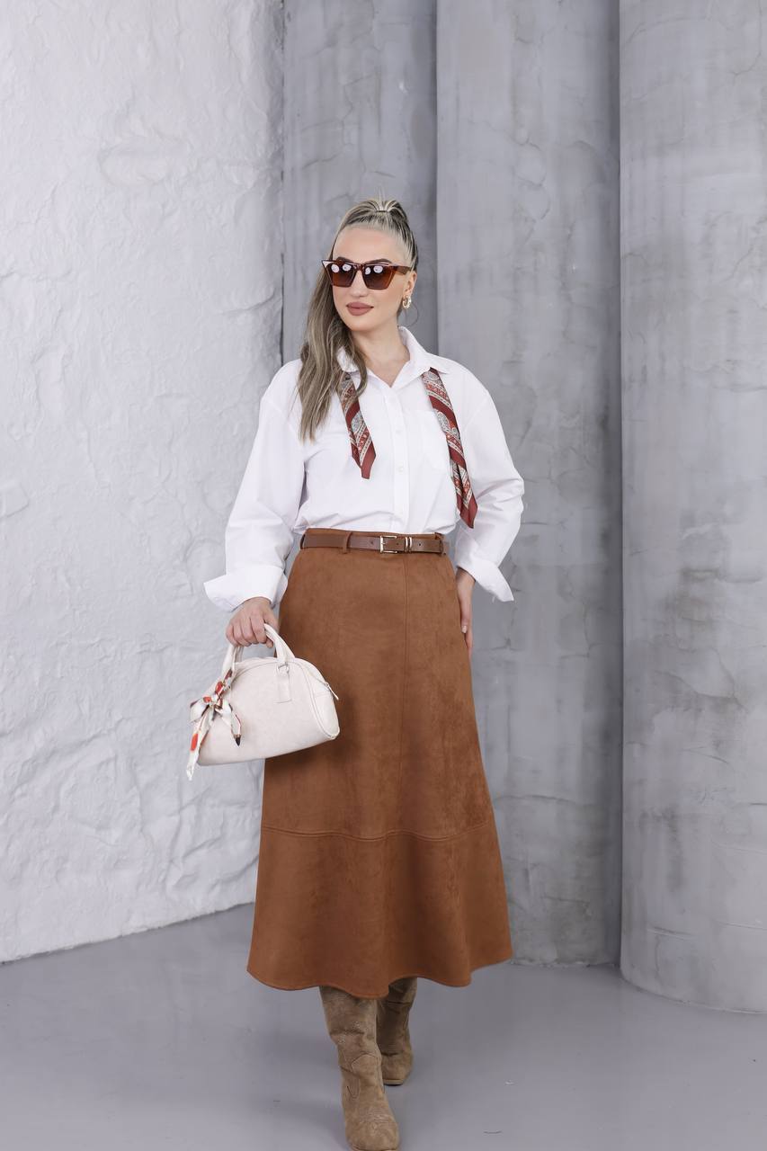 Hakiki Suet Midi Boy Etek - Taba