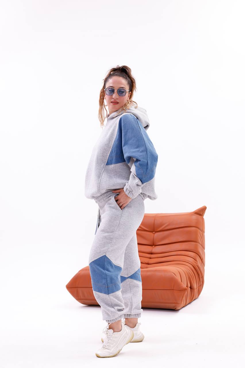 Tasarım Kapşonlu Oversize Jean Detaylı Sweatshırt Eşofman Takım