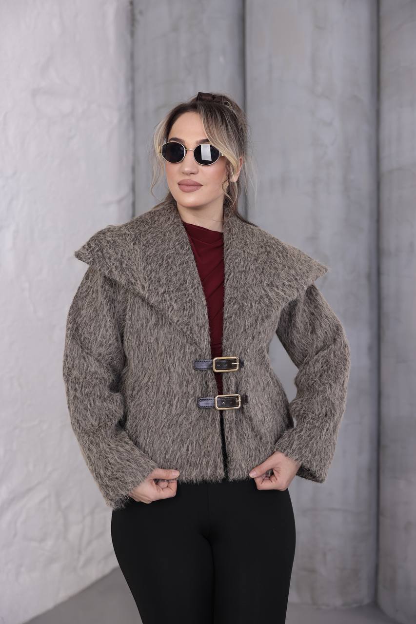 Premium Kaşmir Deri Tokalı Kısa Ceket - Kahve