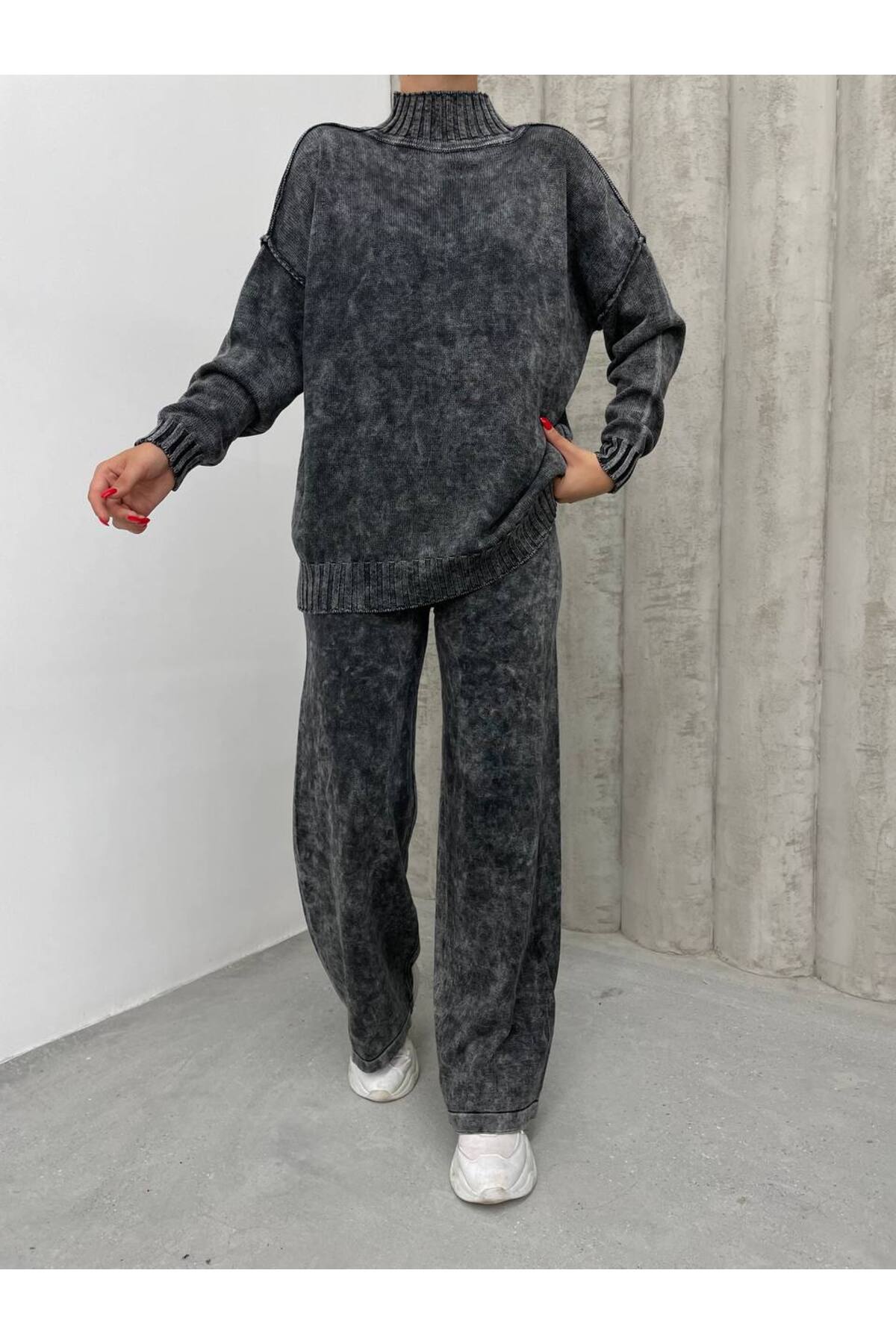 Tasarım Örme Yıkamalı Pantolon Kazak Takım