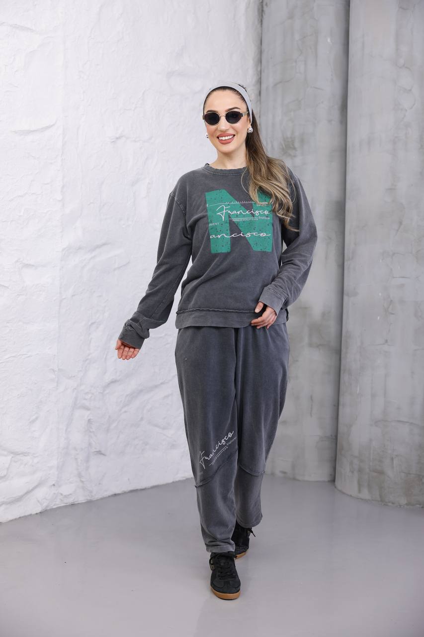 Yıkamalı Baskılı 2 İplik Eşofman Takım - Gri