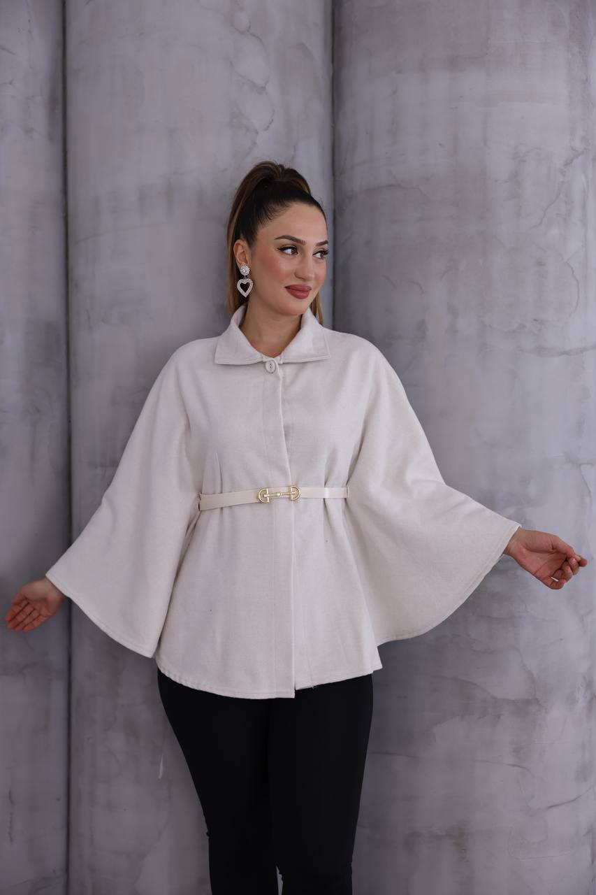 Premium Kaşe Kemerli Panço  - Krem