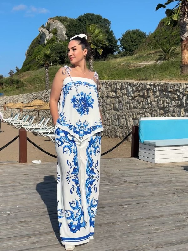 İthal Premium Desenli Bluz Pantolon Takım - Mavi