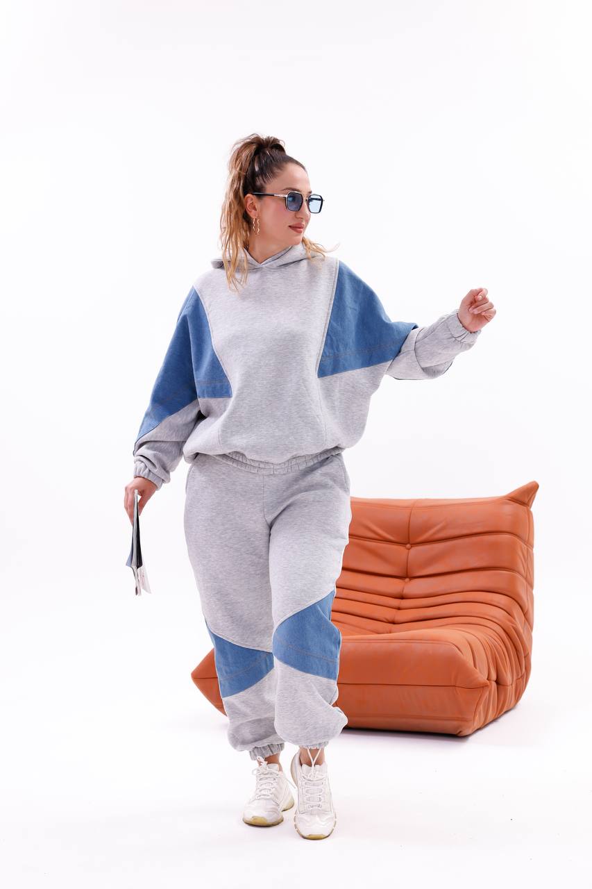 Tasarım Kapşonlu Oversize Jean Detaylı Sweatshırt Eşofman Takım