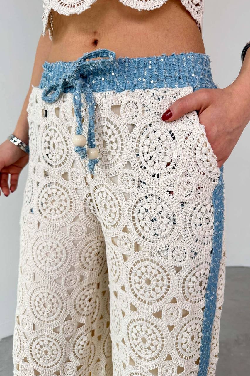 TASARIM Soft Payetli Jean Pamuk Dantelli Pantolon