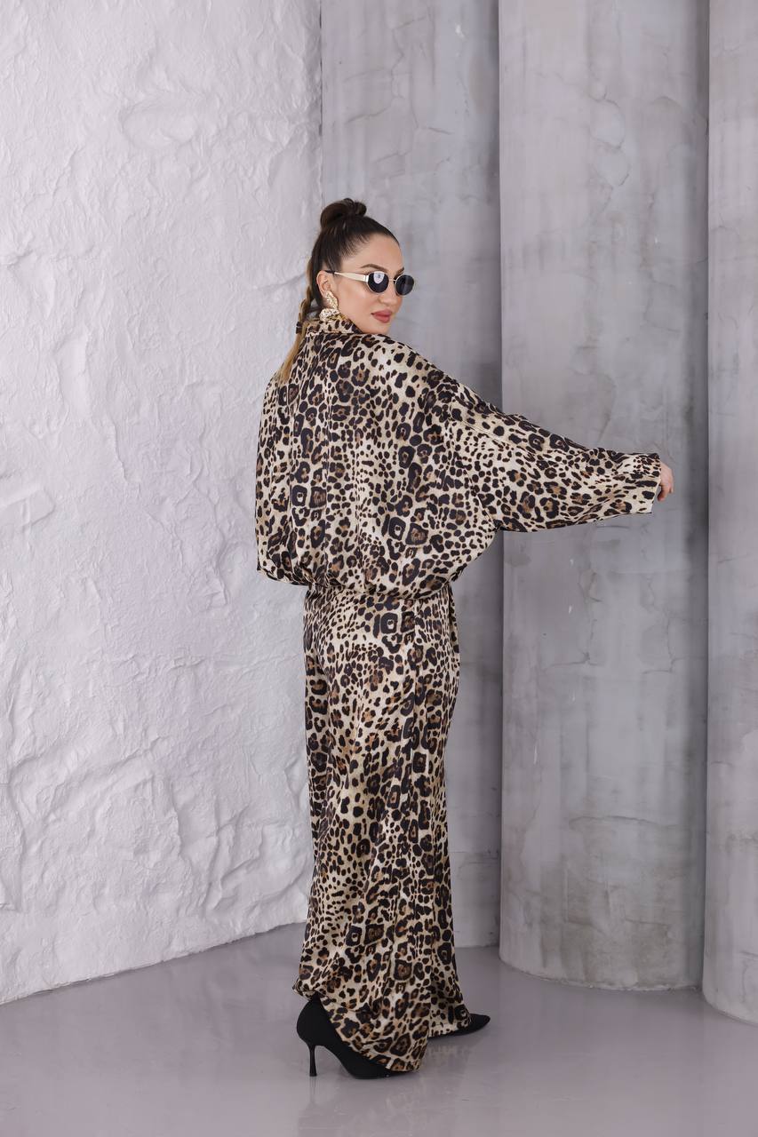 Z.R Muadil Leopar Premium Dokulu Saten Bomber Ceket Pantolon Takım