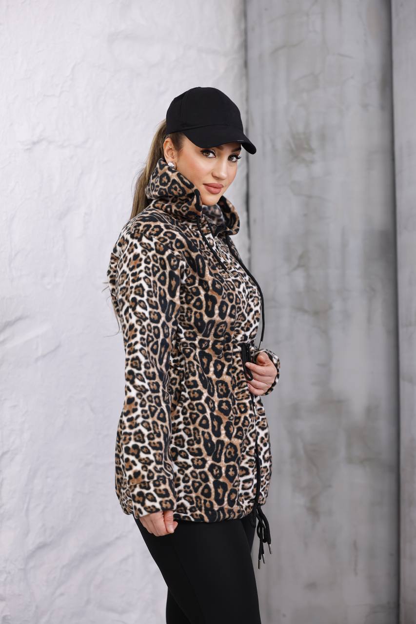  Sıcak Tutan Leopar Polar Kapüşonlu Fermuarlı Sweatshirt