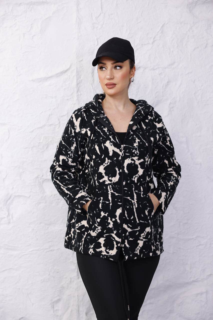  Sıcak Tutan Leopar Polar Kapüşonlu Fermuarlı Sweatshirt - Zebra