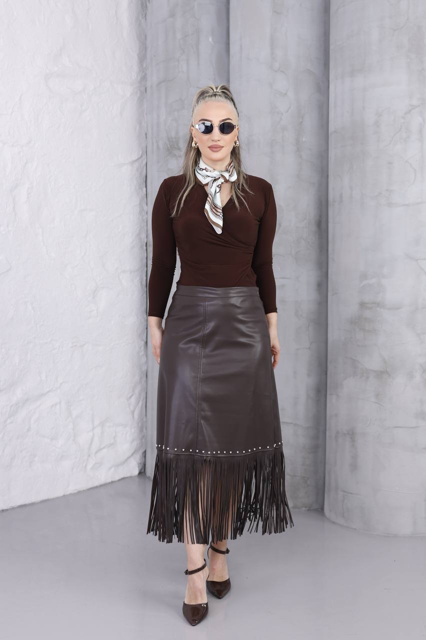 Püsküllü Deri Uzun Etek 