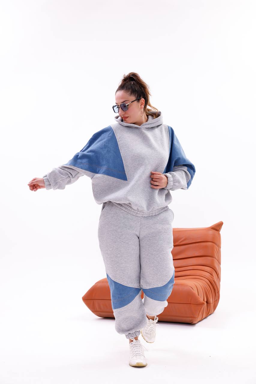 Tasarım Kapşonlu Oversize Jean Detaylı Sweatshırt Eşofman Takım