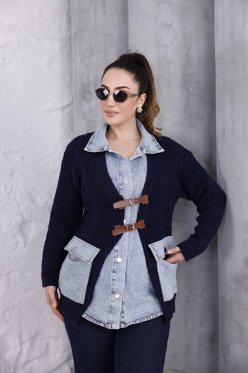 Pamuklu Tasarım Kendinden Kot Detaylı Tek Parça Hırka