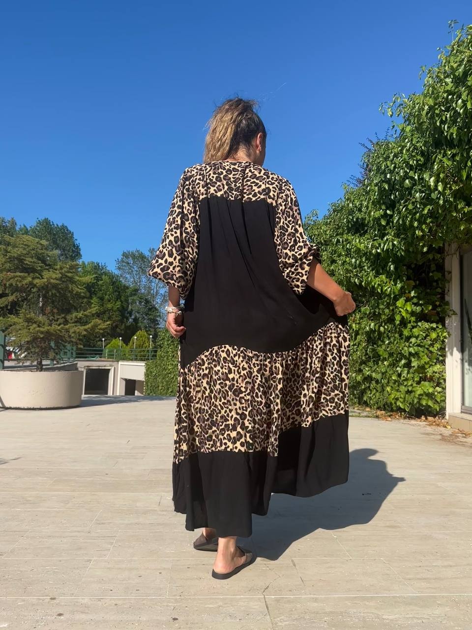 Leopar Desenli Robalı Maksi Boy Elbise