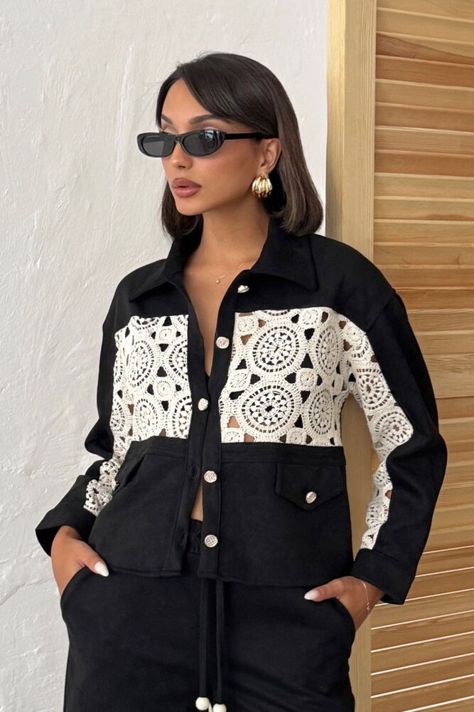 %100 Pamuk Süet Dantel İşlemeli Ceket - Siyah