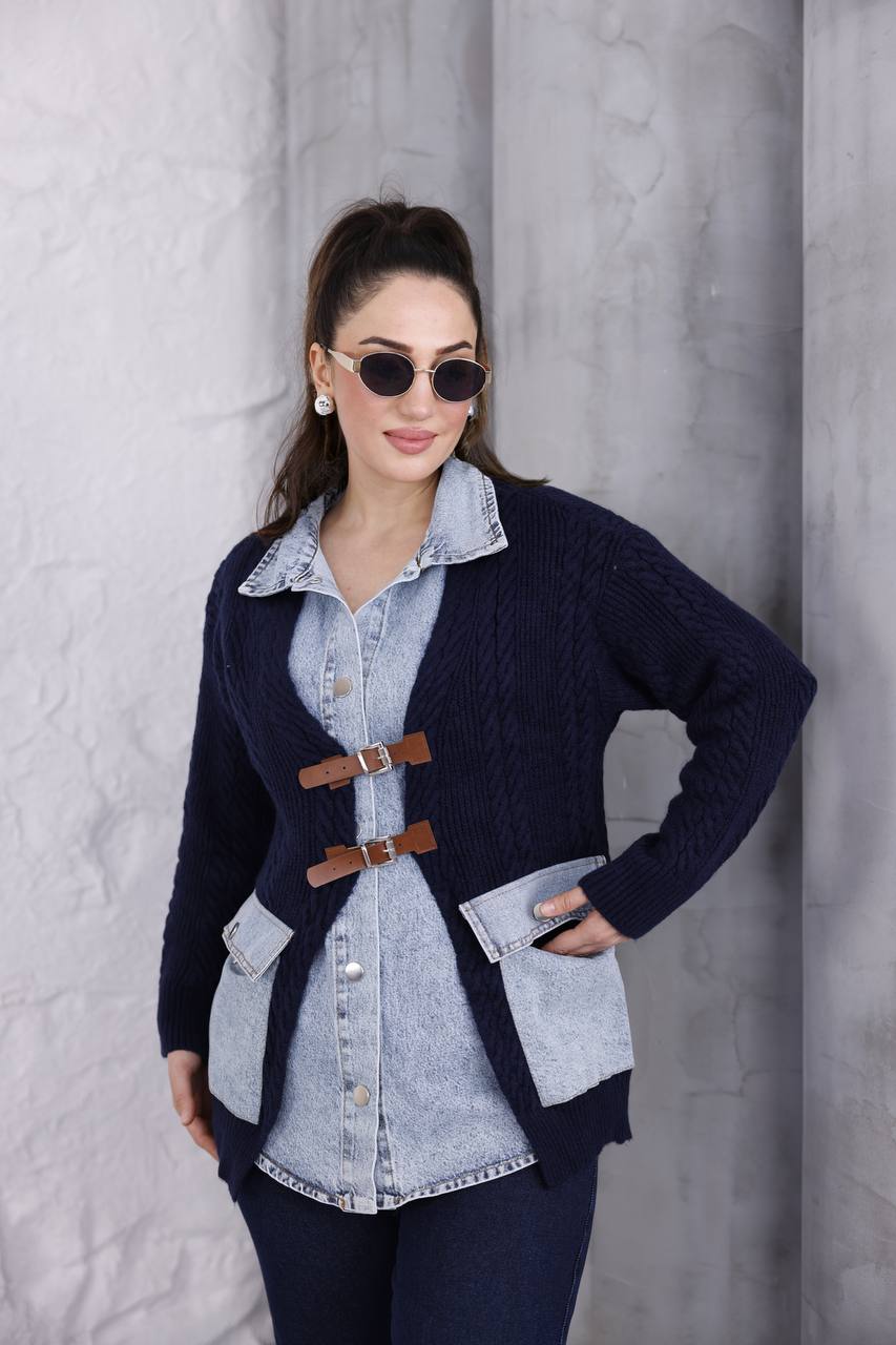 Pamuklu Tasarım Kendinden Kot Detaylı Tek Parça Hırka