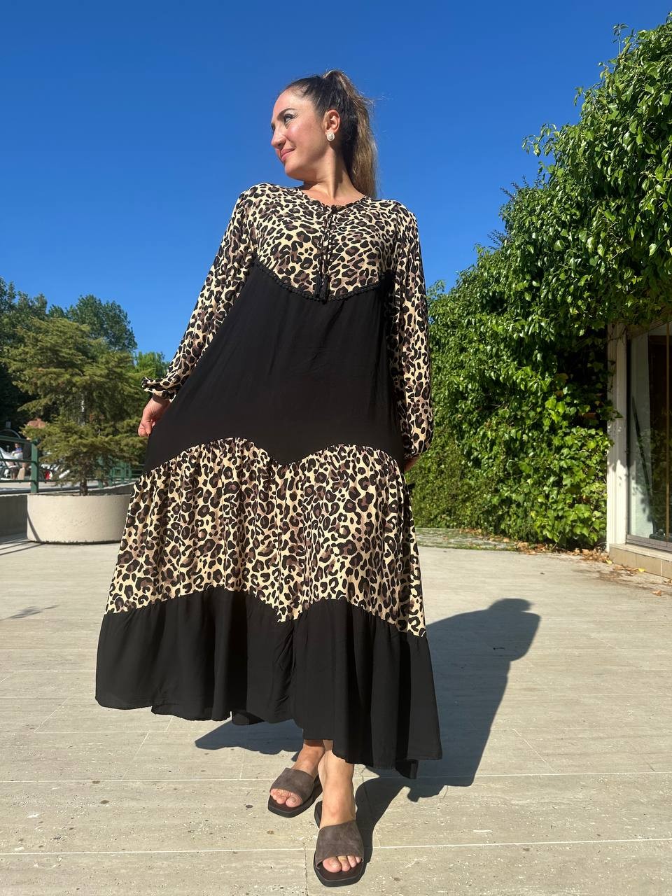 Leopar Desenli Robalı Maksi Boy Elbise