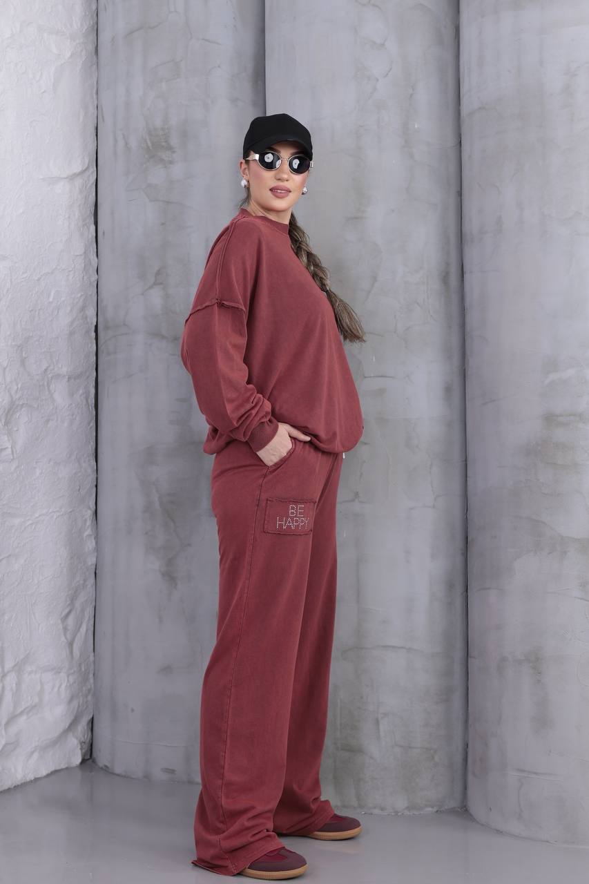Yıkamalı Taşlı Oversize Salaş Eşofman Takımı  - Bordo