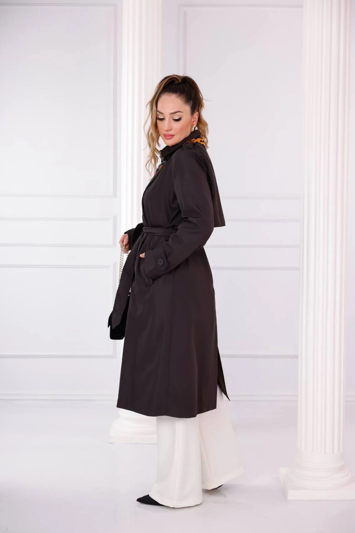 Kruvaze Yaka Uzun Trençkot