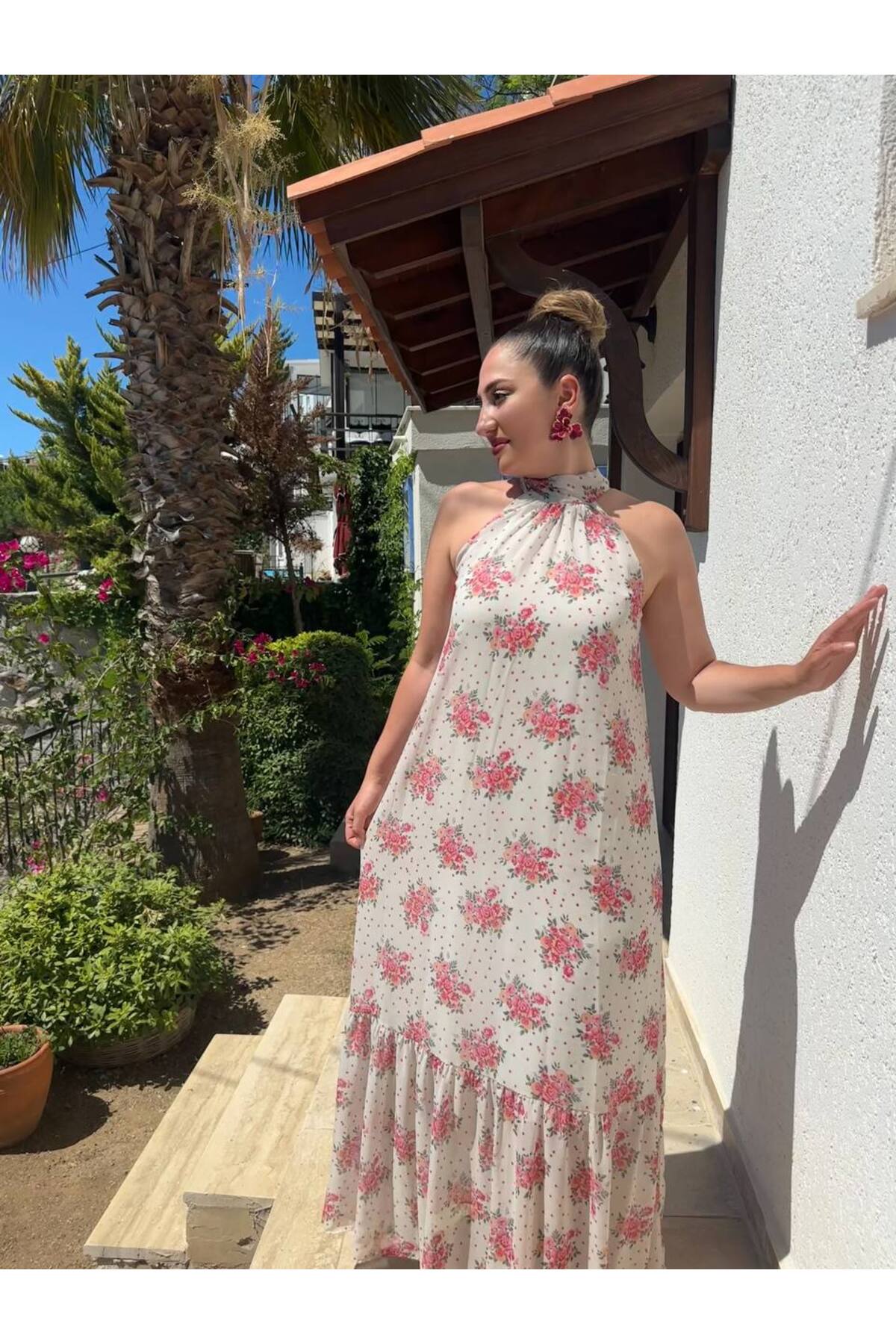 İthal Şifon Astarlı Uzun Boyundan Bağlamalı Elbise