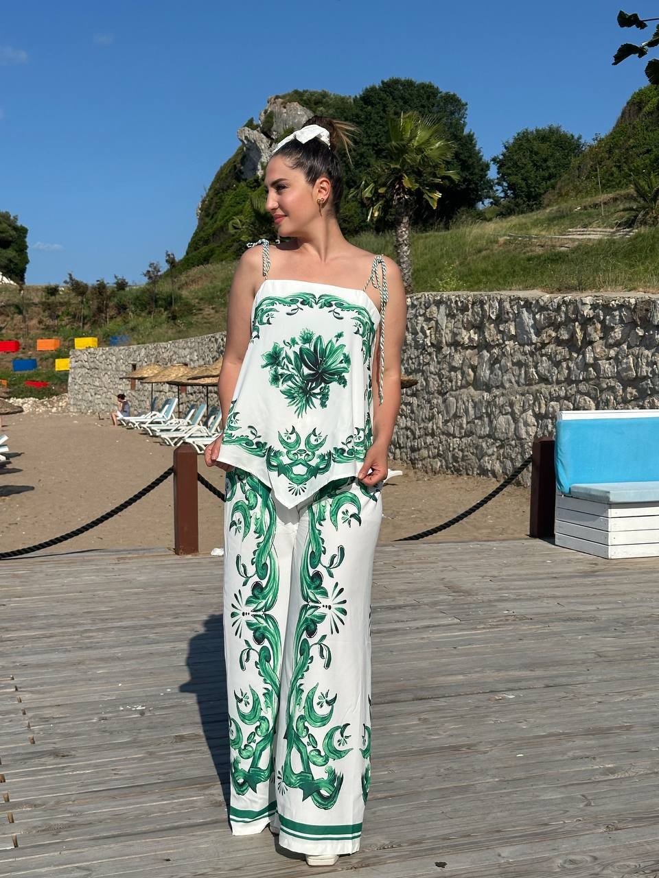 İthal Premium Desenli Bluz Pantolon Takım - Yeşil