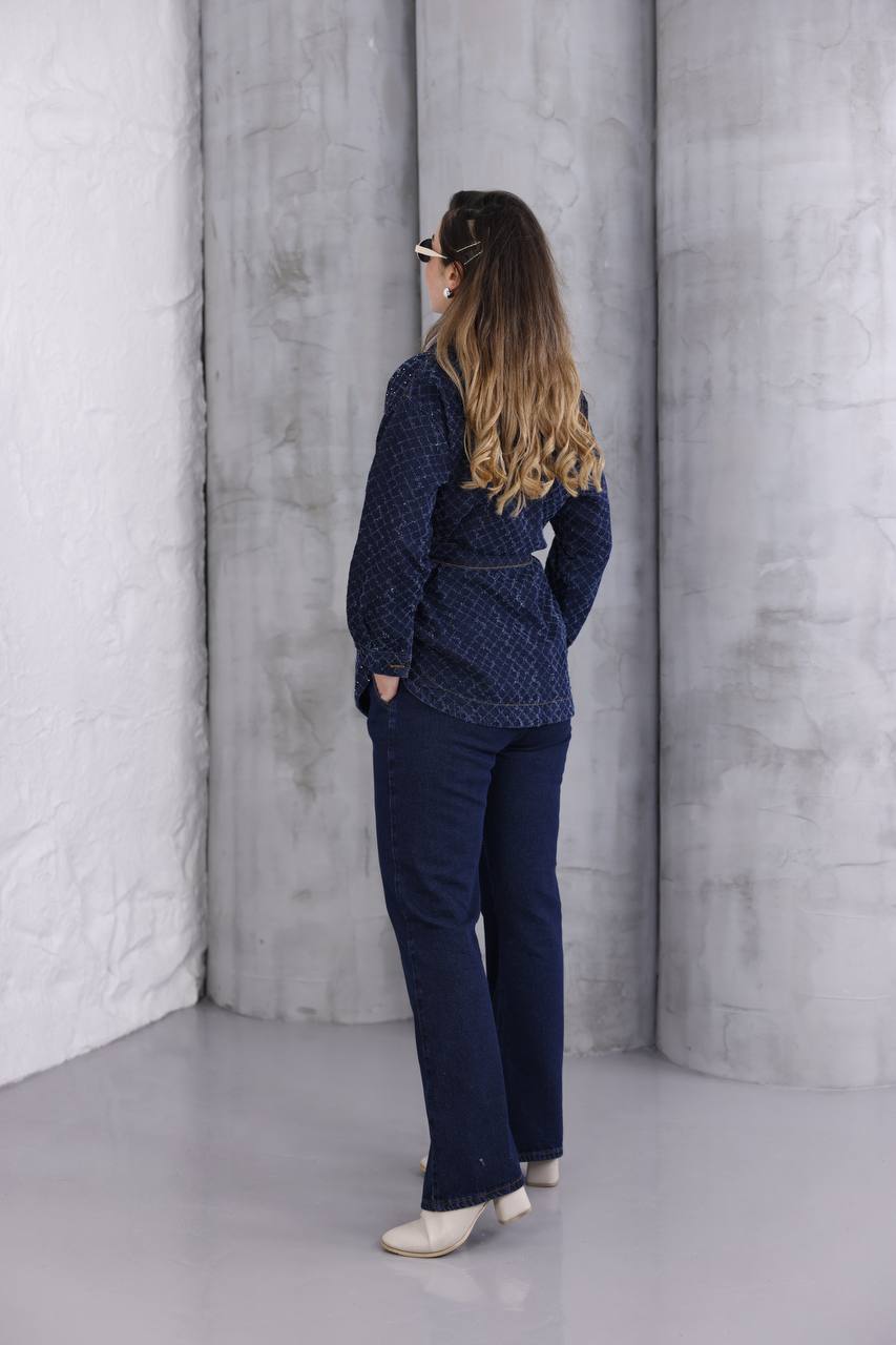 Genç Büyük Beden Swarovski Taşlı Premium Jean Tunik Takım