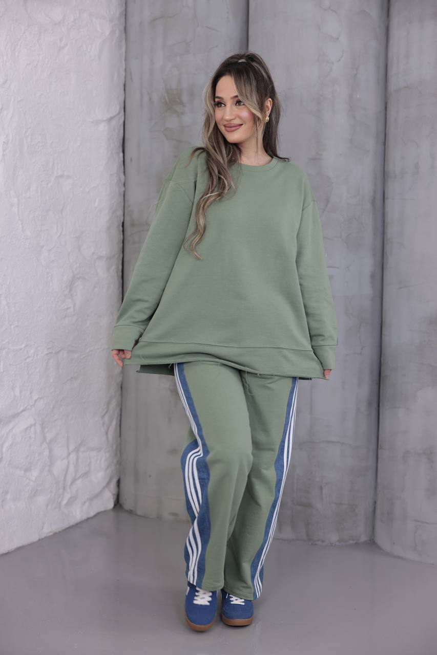 %100 Pamuklu 3 İplik Kot Detaylı Oversize Pamuk Eşofman Takımı - mint