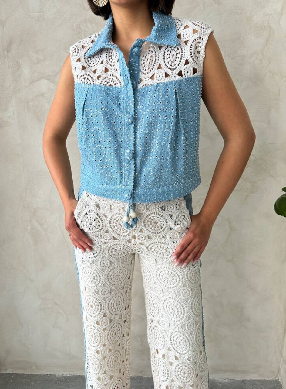 TASARIM Soft Payetli Jean Pamuk Dantelli Gömlek