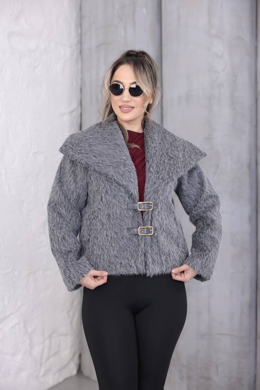 Premium Kaşmir Deri Tokalı Kısa Ceket - Gri