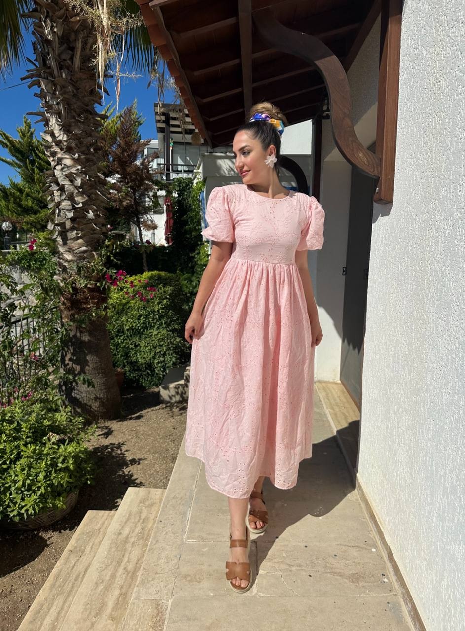 Brode Fiyonk Bağlamalı Balon Kol Elbise - Pembe