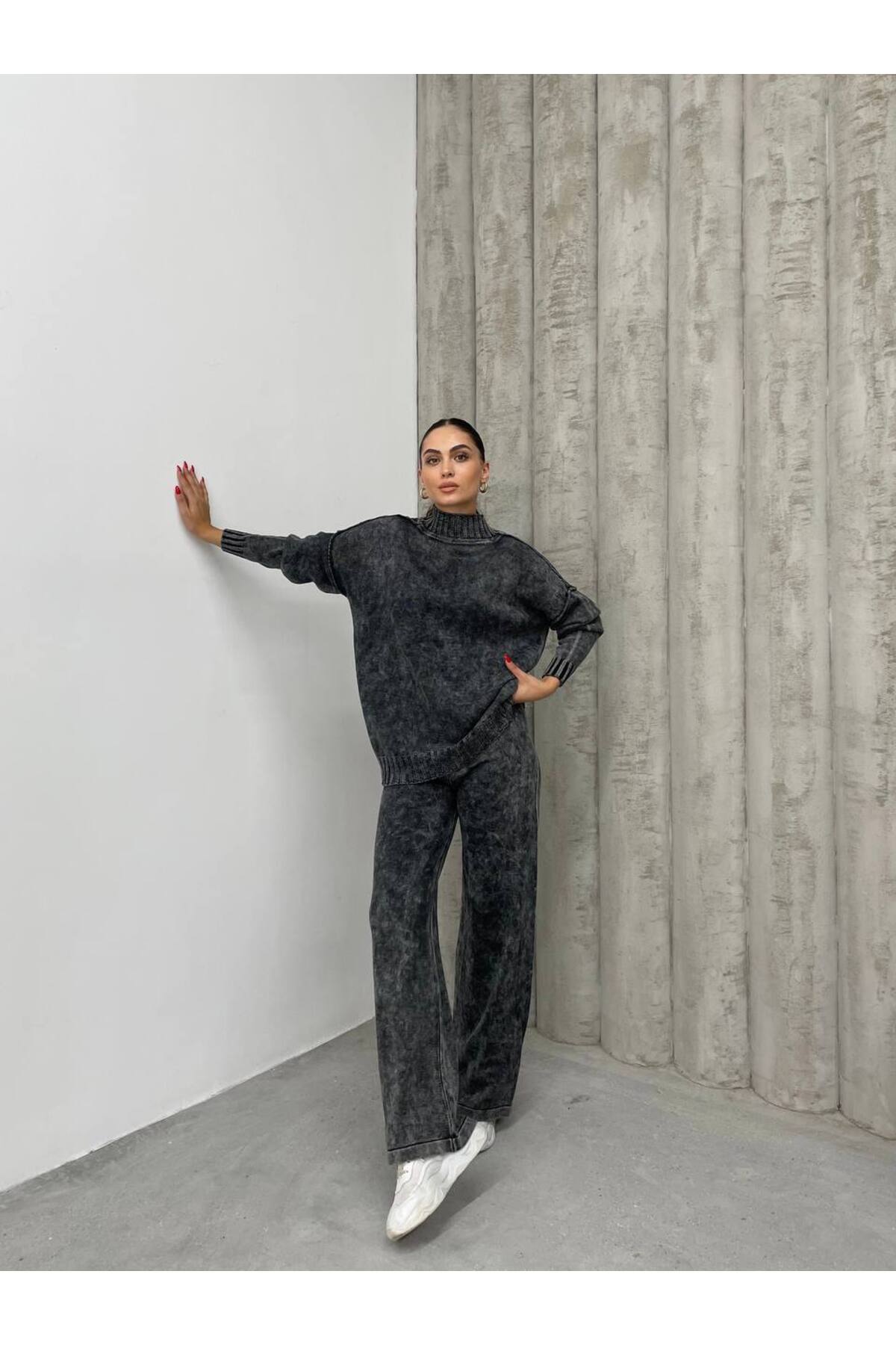 Tasarım Örme Yıkamalı Pantolon Kazak Takım