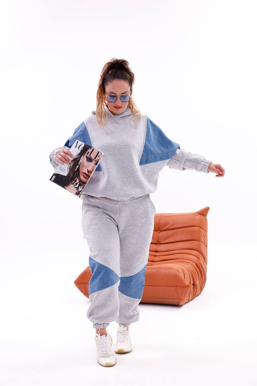Tasarım Kapşonlu Oversize Jean Detaylı Sweatshırt Eşofman Takım