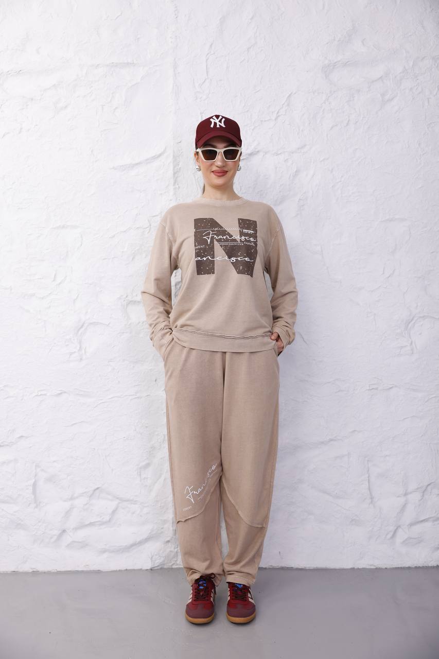 Yıkamalı Baskılı 2 İplik Eşofman Takım - Krem