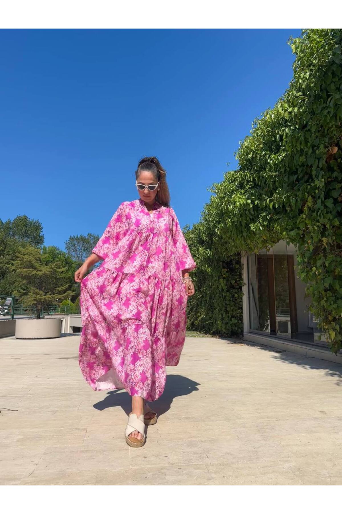 Çiçek Desenli Salaş Uzun Balon Kol Elbise