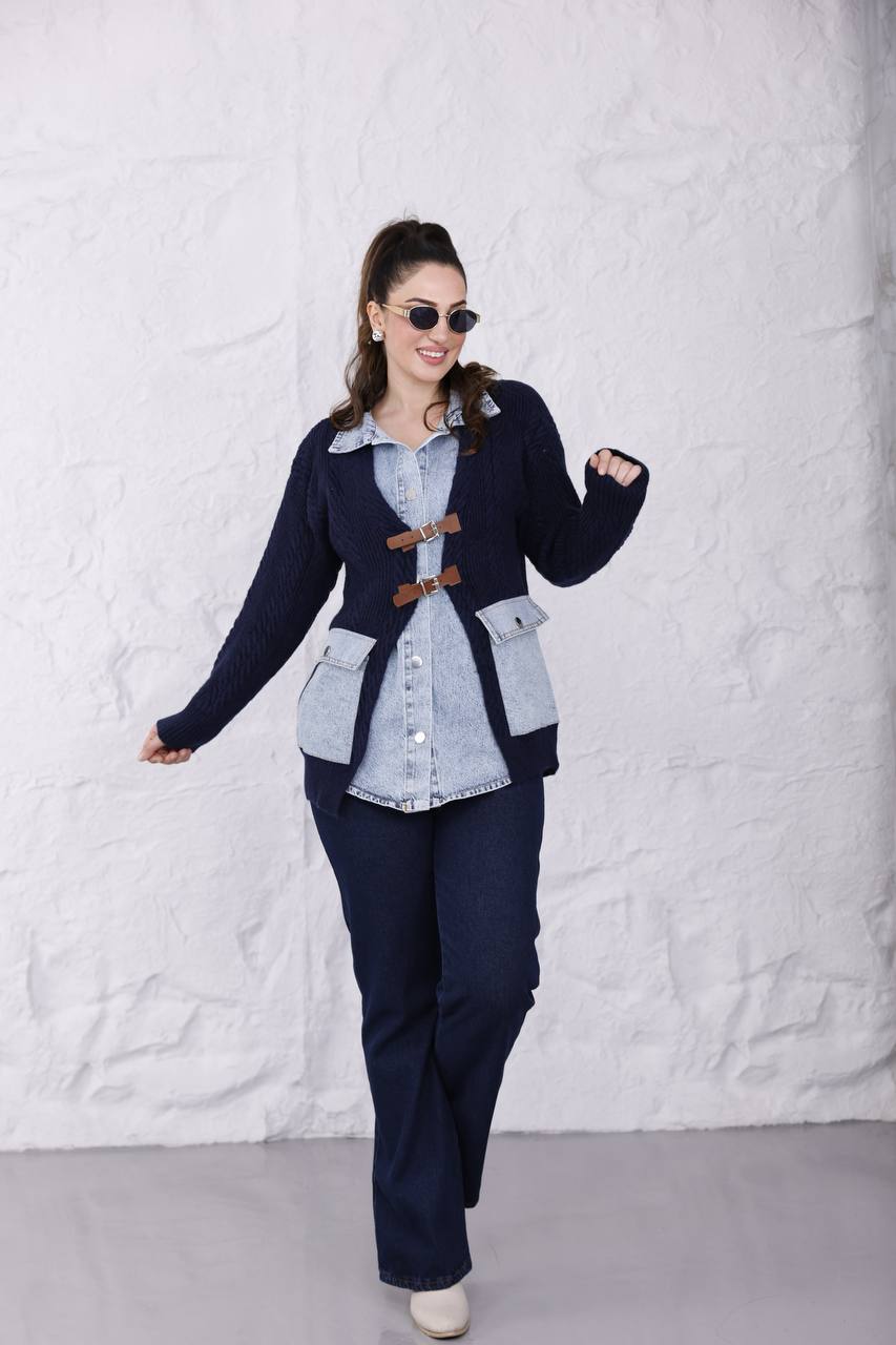 Pamuklu Tasarım Kendinden Kot Detaylı Tek Parça Hırka