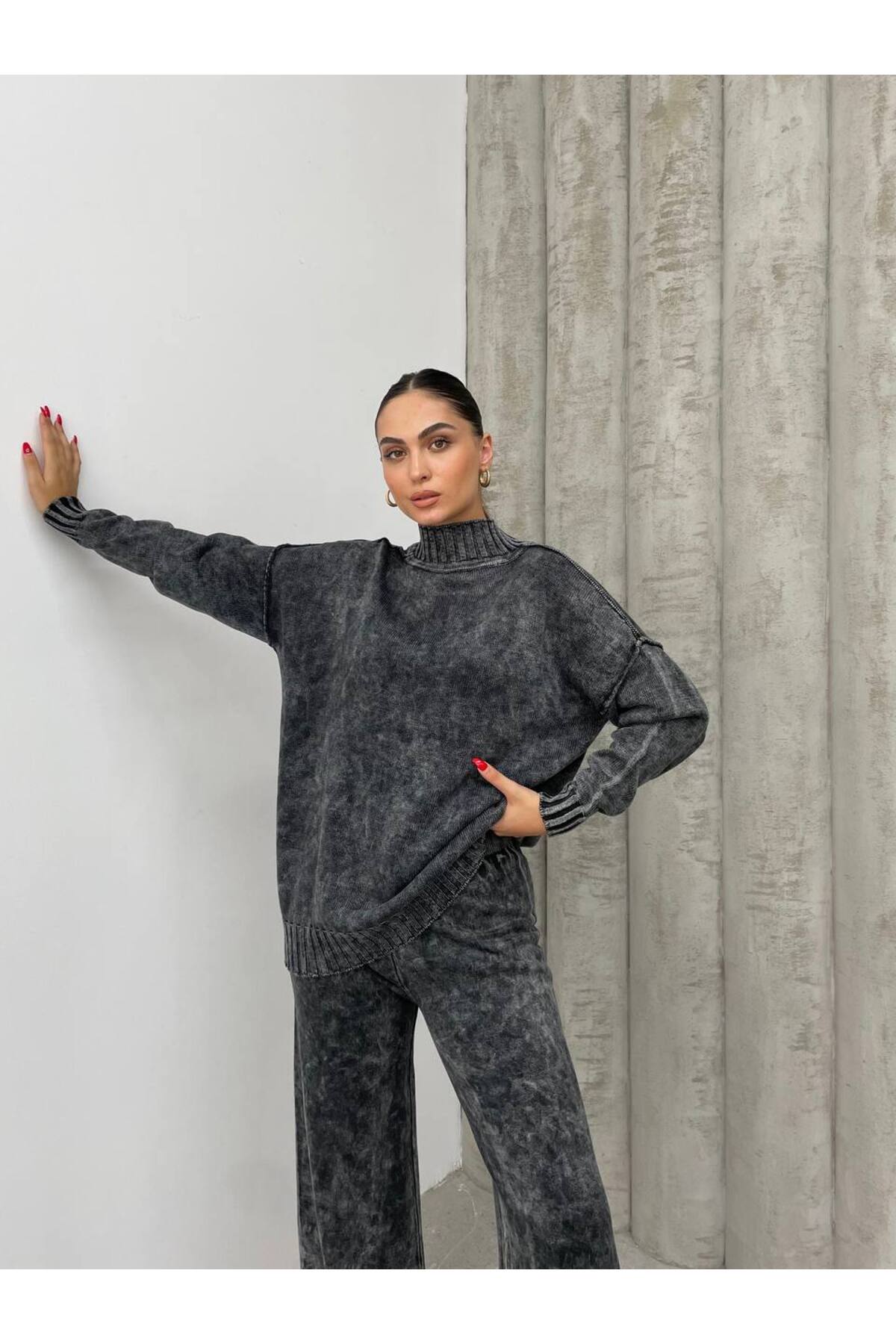 Tasarım Örme Yıkamalı Pantolon Kazak Takım