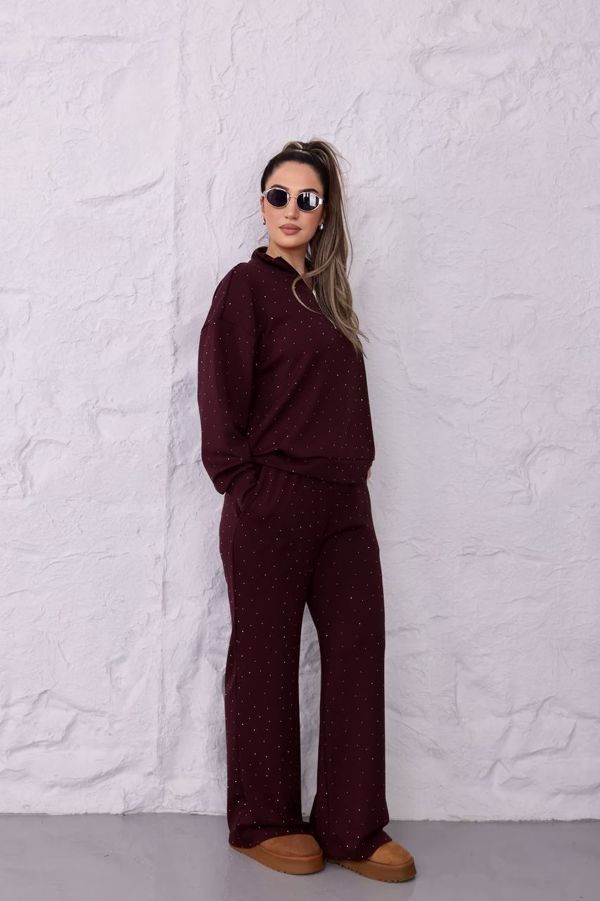 Taş Detaylı Likralı O.Y.Ş Kumaş Fermuarlı Eşofman Takımı - Bordo