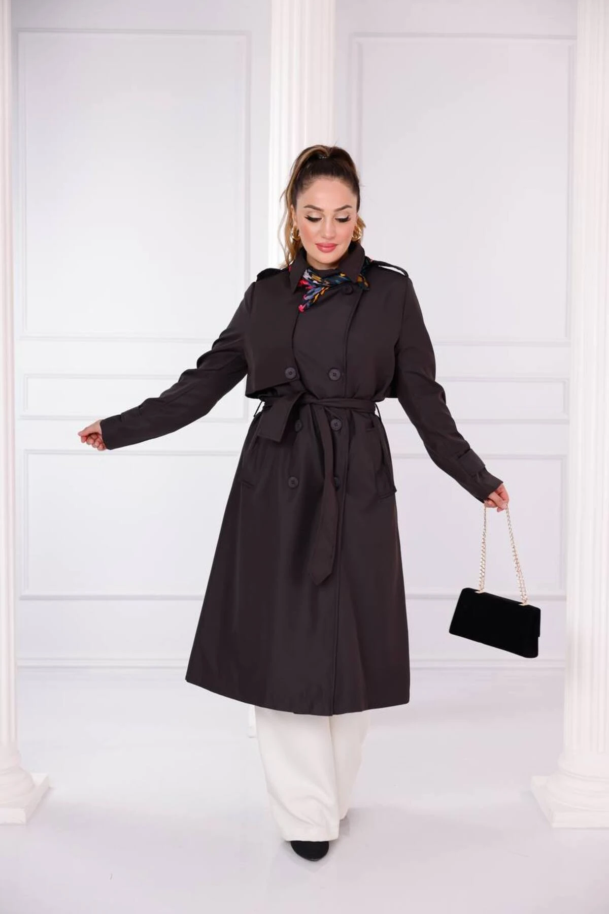 Kruvaze Yaka Uzun Trençkot