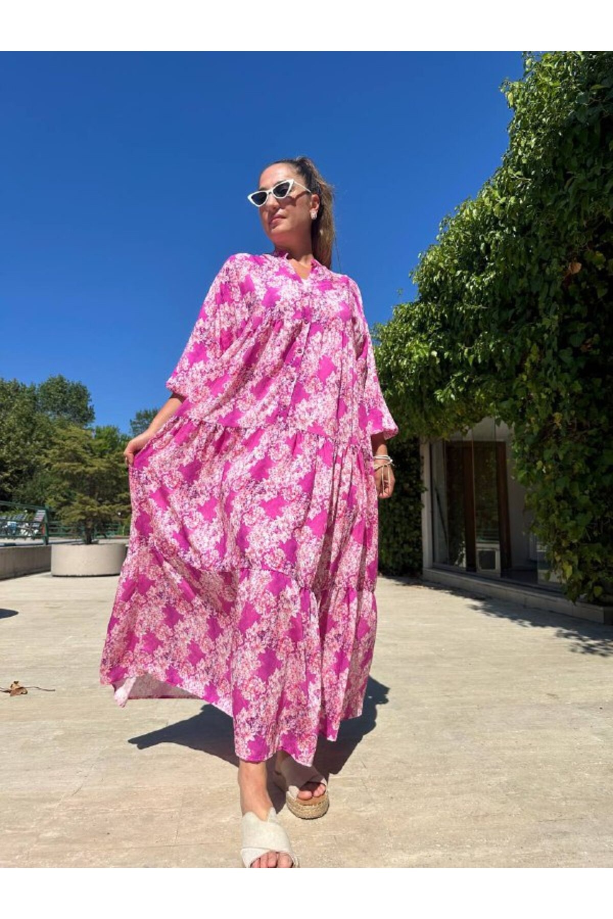 Çiçek Desenli Salaş Uzun Balon Kol Elbise - Pembe